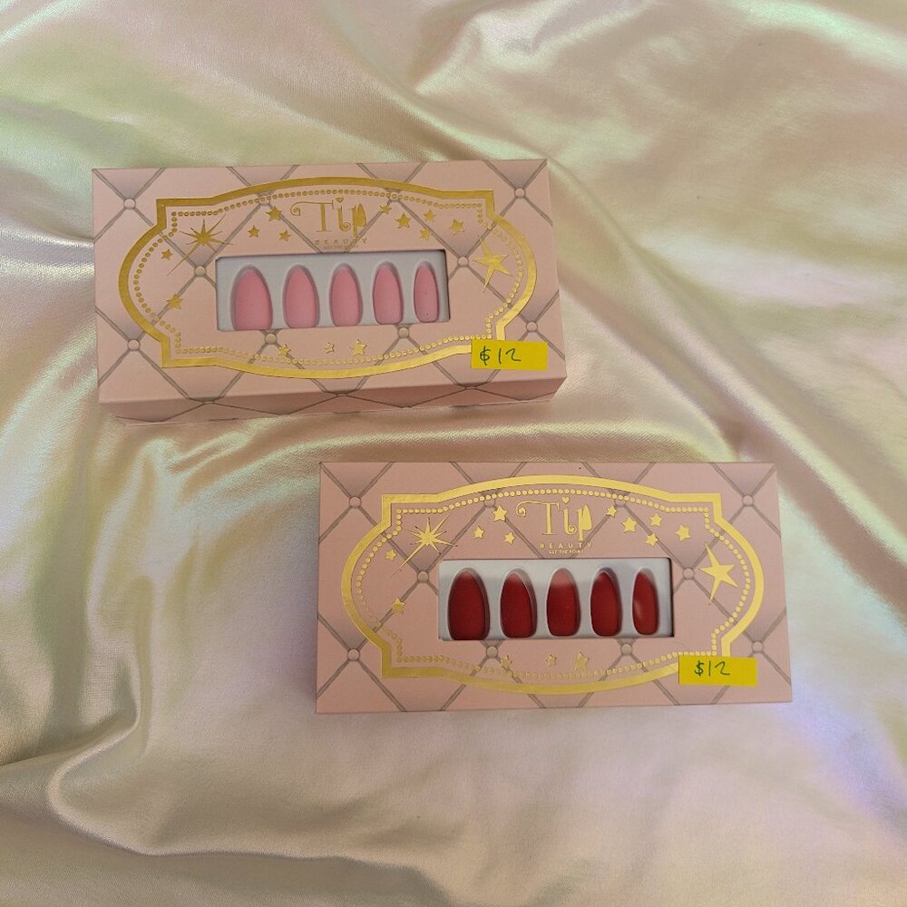 2 Sets Tip Beauty Selfie Pink & Scarlet Letter Red Nails 28 Faux Nails & Glue